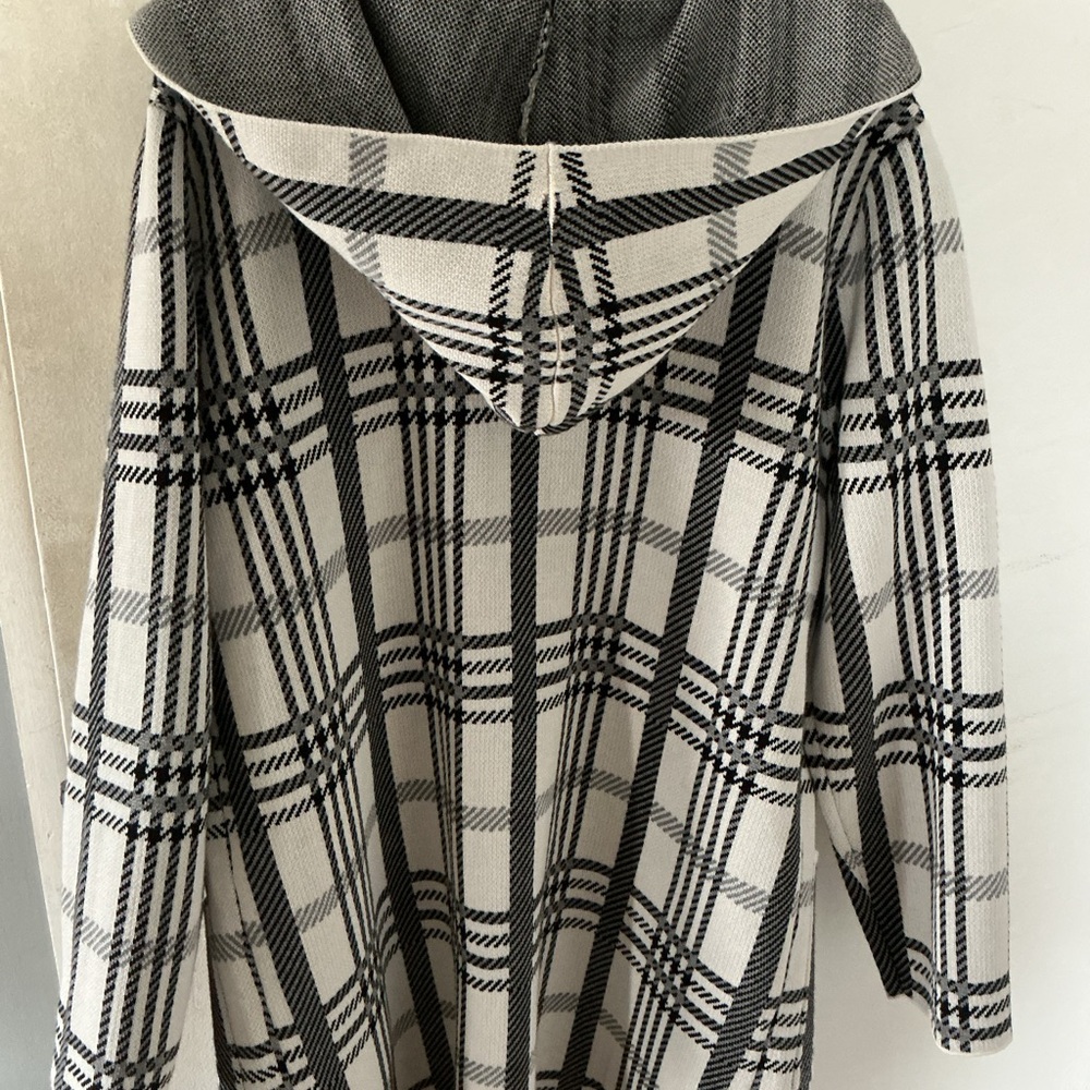Black and Cream Plaid Hooded Women's Sweater
